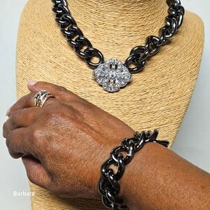 Lia Sophia "Palladian" Gunmetal Chain and Rhinestone Necklace with Bracelet